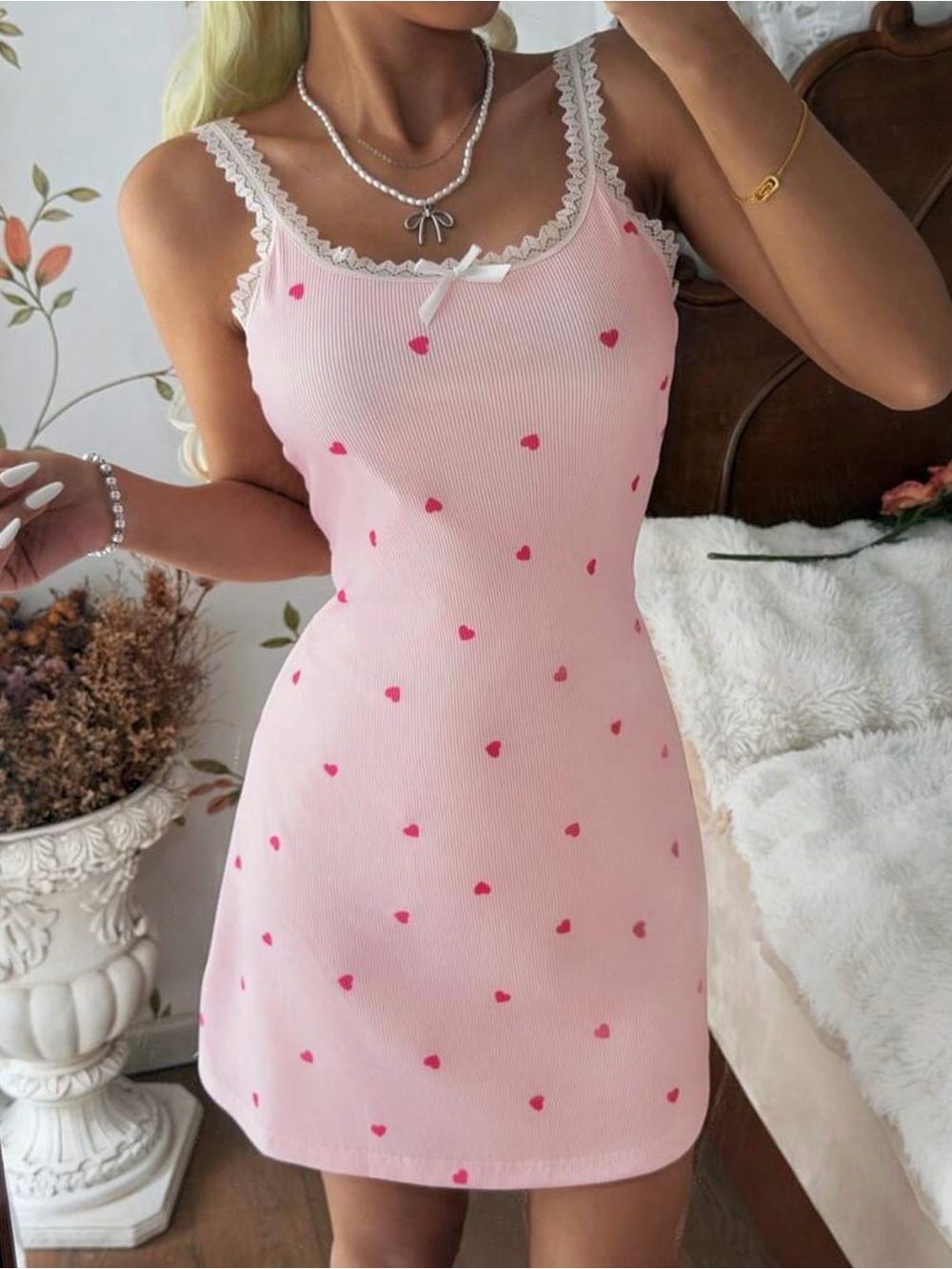 Pink Heart Print Lace-Trim Slip Dress